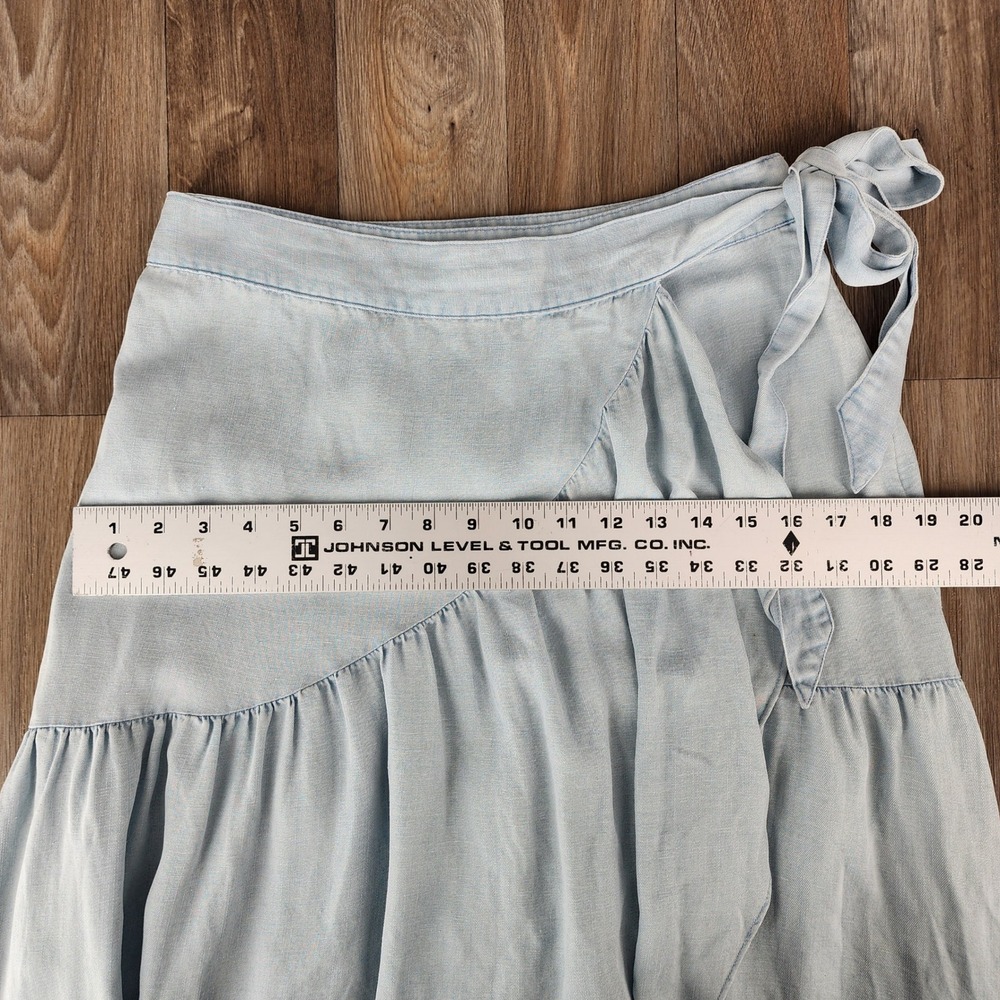 LOFT Light Wash Blue Lyocell Linen Blend Ruffle Faux-Wrap Midi Skirt Size 0 - Picture 6 of 9